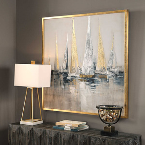 Pintura <span class=keywords><strong>al</strong></span> óleo de velero dorado y plateado de alta calidad, hermoso paisaje pintado a mano para decoración de habitación, Base de soporte de lienzo - Product Image 2