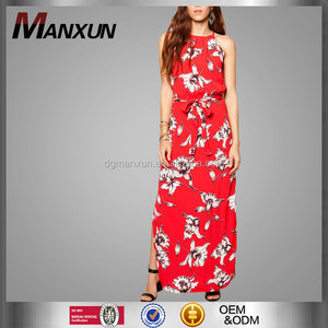 Verano de <span class=keywords><strong>las</strong></span> señoras rojo largo gasa de la impresión floral vestido sin mangas - Product Image 1