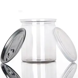 Пластиковая прозрачная пустая банка или контейнер для пищевых продуктов с алюминиевой закручивающейся крышкой