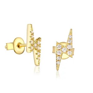 Dainty Anting-Anting Stud Perak Murni S925 Berlapis Emas 18K Minimalis Petir Kecil Flash Thunder Stud Earrings