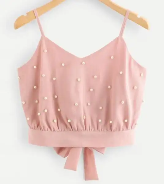 Crop Top Wanita, Manis, Mutiara, Manik-manik Ikat Belakang Pink