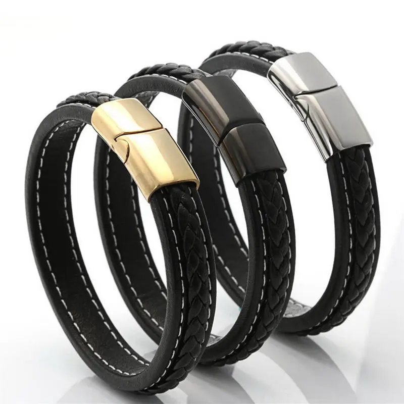 Модный винтажный простой черный кожаный плетеный браслет из нержавеющей стали, браслет для мужчин, ювелирные изделия