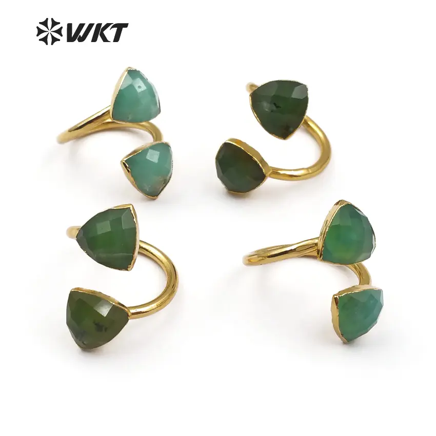 WT-R317 ขายส่งสามเหลี่ยมรูปร่างสีเขียว Faceted หินสำหรับผู้หญิง Dainty เครื่องประดับธรรมชาติ Chrysoprase แหวนหิน