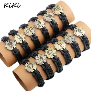 >>> 12 teile/los Neueste 12 Sternzeichen Leder armband Const ellat Charm Armbänder Verstellbares Leder armband