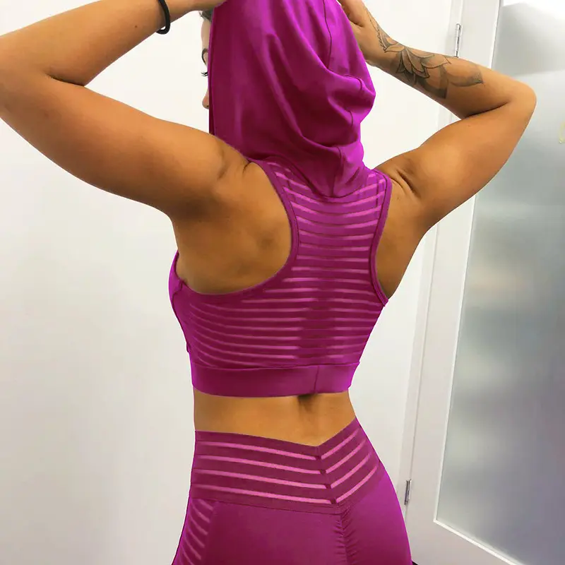 Großhandel custom fitness yoga gym active frauen sport bh hoodie crop tank top pullover mit sheer transparent mesh streifen