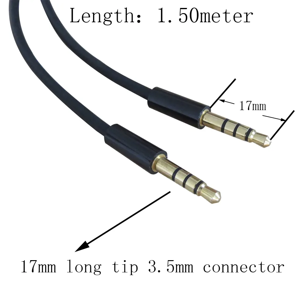 1.50meter 5ft 3.5mm male to male audio Cable 4-poles Gold-plated with 17mm long tip 3.5mm connector