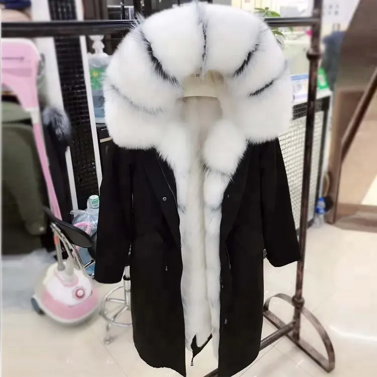 Ladies Black Mink Fur Lining Parka Coat With Fur Hood