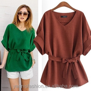 Mùa Hè Phụ Nữ Áo Cánh Linen Áo Sơ Mi V Cổ Lớn Bow Batwing Tie Loose Phụ Nữ Áo Nữ Hàng Đầu Cho Tops 5XL 10% Off - Product Image 2
