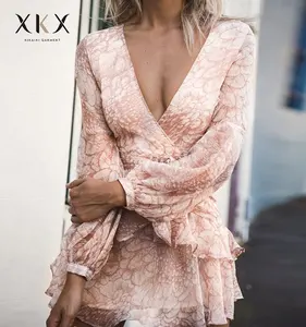 2019 fashion sexy transparante lange mouwen kant vrouwen bloemen losse v-hals chiffon stof mini jurk vrouw casual