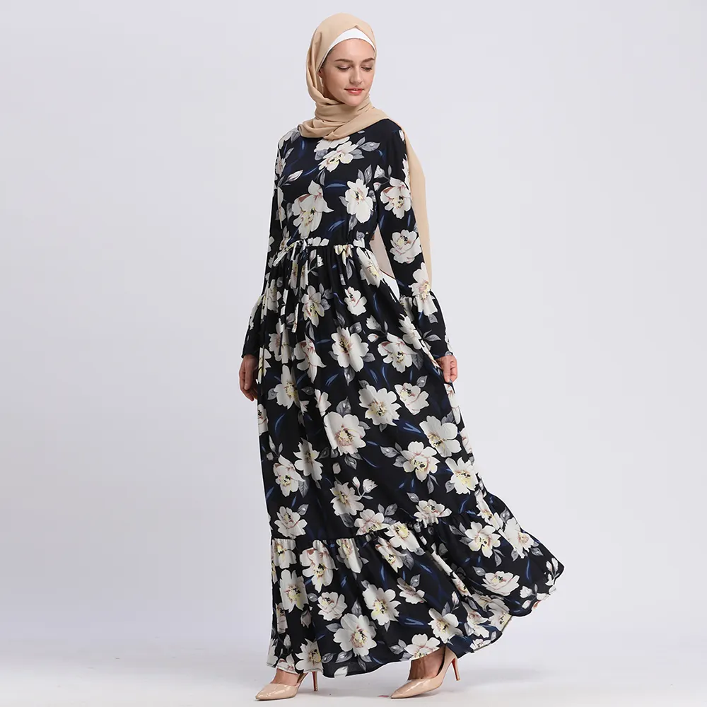 Goed Uitziende Islamitische Mode Bloemen Gedrukt Zware Polyester Dubai Kleding Voor Vrouwen Kaftan Indian Moslim Jurk Plus Size