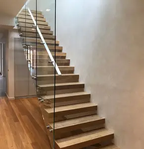 Escaleras flotantes de madera dura de interior de lujo precio con barandilla de vidrio