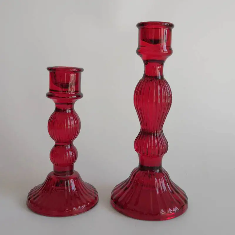 Christmas Red Color Tall Glass Candle Holders Glass Candlesticks