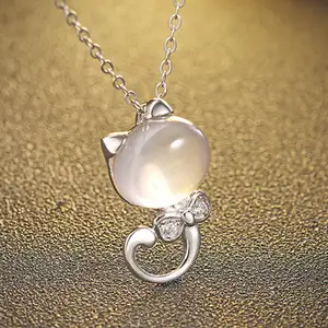 Fine jewelry 100% 925 Sterling Silver Kitty cat pink crystal necklace include chain free shipping