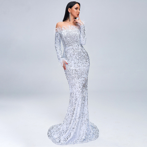 Abito con Spalle Scoperte Vendita Calda 2020, Vestito a Maniche Lunghe con Piume e Paillettes, Abito da Cerimonia Lungo fino a Terra - Product Image 1