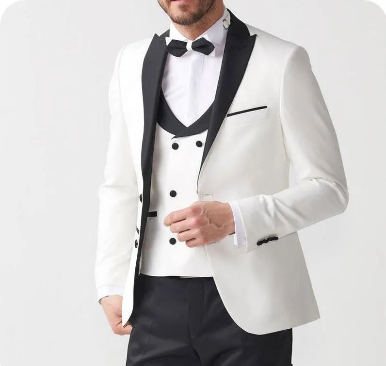 結婚式のためのカスタムメイドの白い男性のスーツ黒いピークのラペル花婿付け添人ブレザージャケット3ピースジャケットパンツベスト