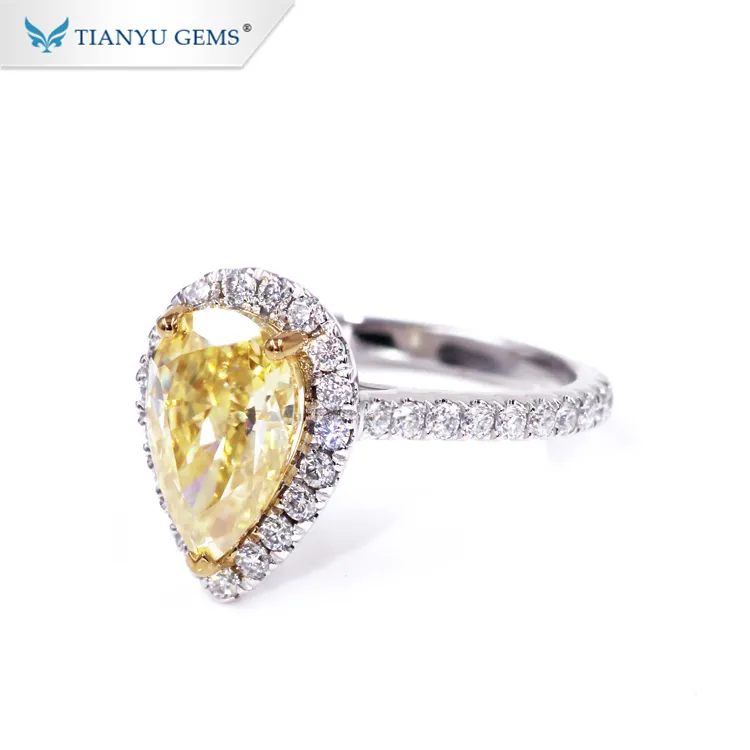Tianyu gems customized pear cut yellow color moissanite diamond white gold ring for wedding