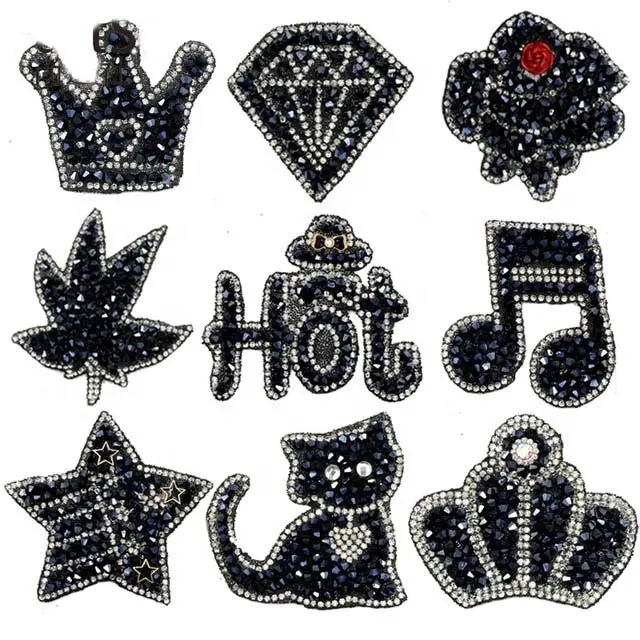 Sew Patches Iron on Stick Applique Jersey Crown Hot Notes Star Cat Embroidery for Clothing by Diamond Rhinestones Black Crystal