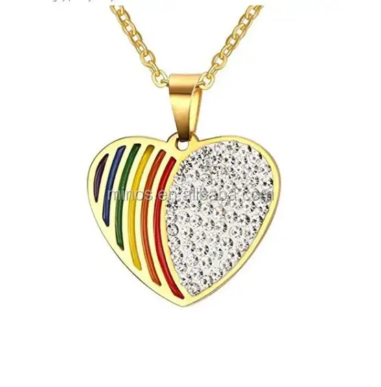 Love Heart Rainbow Pendant Necklace With Rhinestone Gold Plated Stainless Steel Gay Pride Jewelry For Women