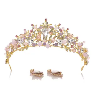 Atacado luxo rosa dourado pérola coroa de noiva, artesanal, tiara, faixa de cabeça, cristal, acessórios para cabelo