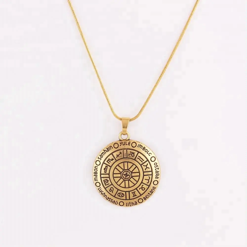 N0466 vintage Jewelry WHEEL of THE YEAR Pendant - CROSS QUARTERS Sabbats ZODIAC Amulet Snake Chain Necklace