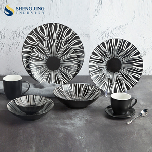 ShengJing Contemporary Handmade Embossing Eco-Friendly White and Black Porcelain <strong>Microwave</strong> Safe Dinnerware Kitchen Crockery <strong>Sets</strong> - Product Image 1