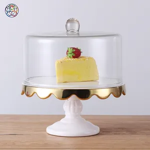 Paty Weiß und Gold Farbe runde Kuchen platte Keramik Kuchenst änder mit Glas bedeckt