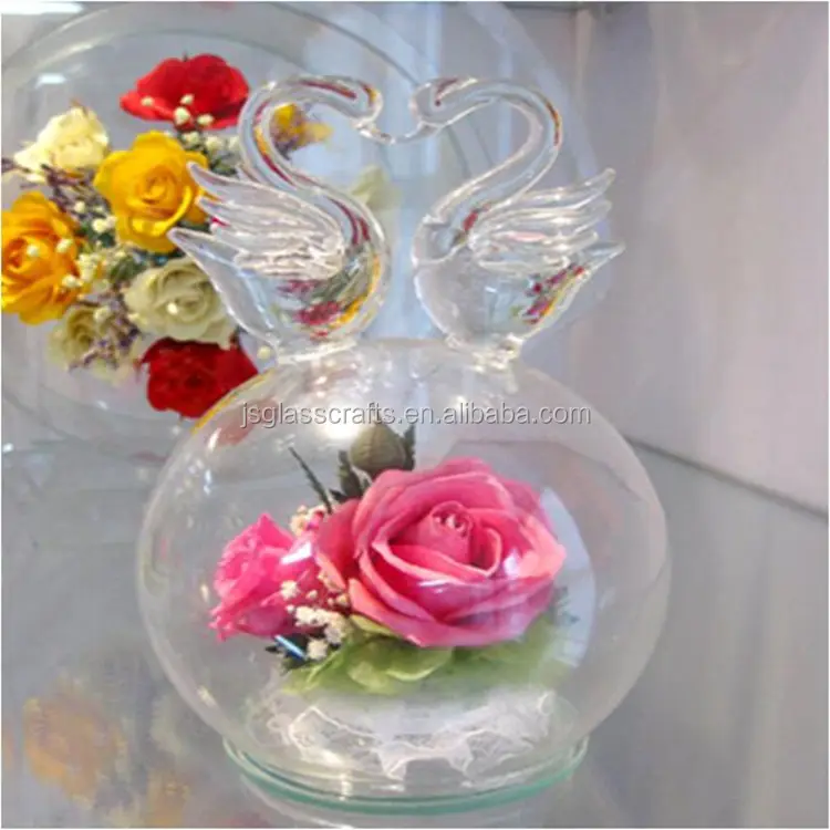 Flor cisne em forma de cúpula de vidro com rosa vermelha dentro claro cúpula para a decoração dos namorados