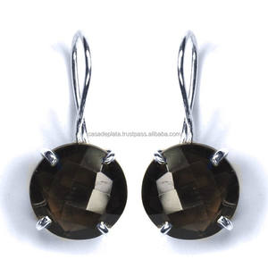 Faceted Round Shape Smoky Quartz Gemstone 925 Sterling Silver Dangle Earrings Handmade Jewelry - Product Image 1