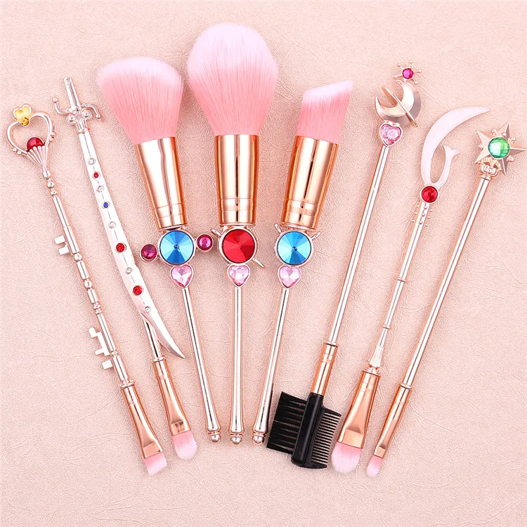 Cosmetic Powder Foundation Eyeshadow Brush Kits Face Make Up Tool with Crystal Top Sailor Moon 8 pcs Metal Makeup Brushes Set