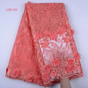 Kain Renda Tulle Afrika Kualitas Tinggi Kain Renda Jaring Persik Baru Kain Bahan Bunga 3D Terbaru untuk Gaun Pernikahan