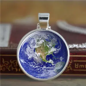 Earth Necklace A Beautiful Planet in the Cosmos: Artist Necklace with Stunning Photo Print and Blue Star Jewelry