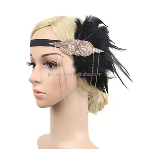 Oro Negro pluma casco 1920s diadema aleta gran Gatsby Vtg 44