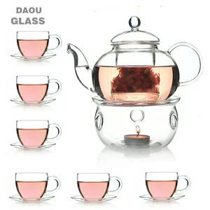 glass tea pot sets with warmer and cups & saucers ,coffee tea tools, glass pot Chinese supplier