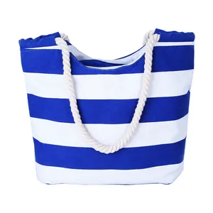 Bolso de mano de lona a rayas para playa, bolsa de lona de algodón resistente con cuerda fiable, elegante, venta al por mayor