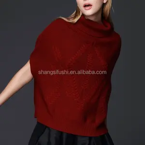 Guangzhou fábrica camisola mulheres 12GG gola rolo pescoço poncho de lã de manga curta camisola de malha de cashmere