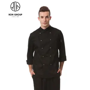 Hot Sale Custom Logo Hotel Bar Banket Franse Restaurant Keuken Kok Uniform De Chef Zwarte Lange Mouw Jas Chef-Uniform