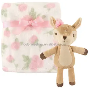 2で1 Super Soft Thick Polar Fleece Kids Animal Blanket Set Pretty Girl Plush Deer Toy 100% Cotton Organic Baby Blanket