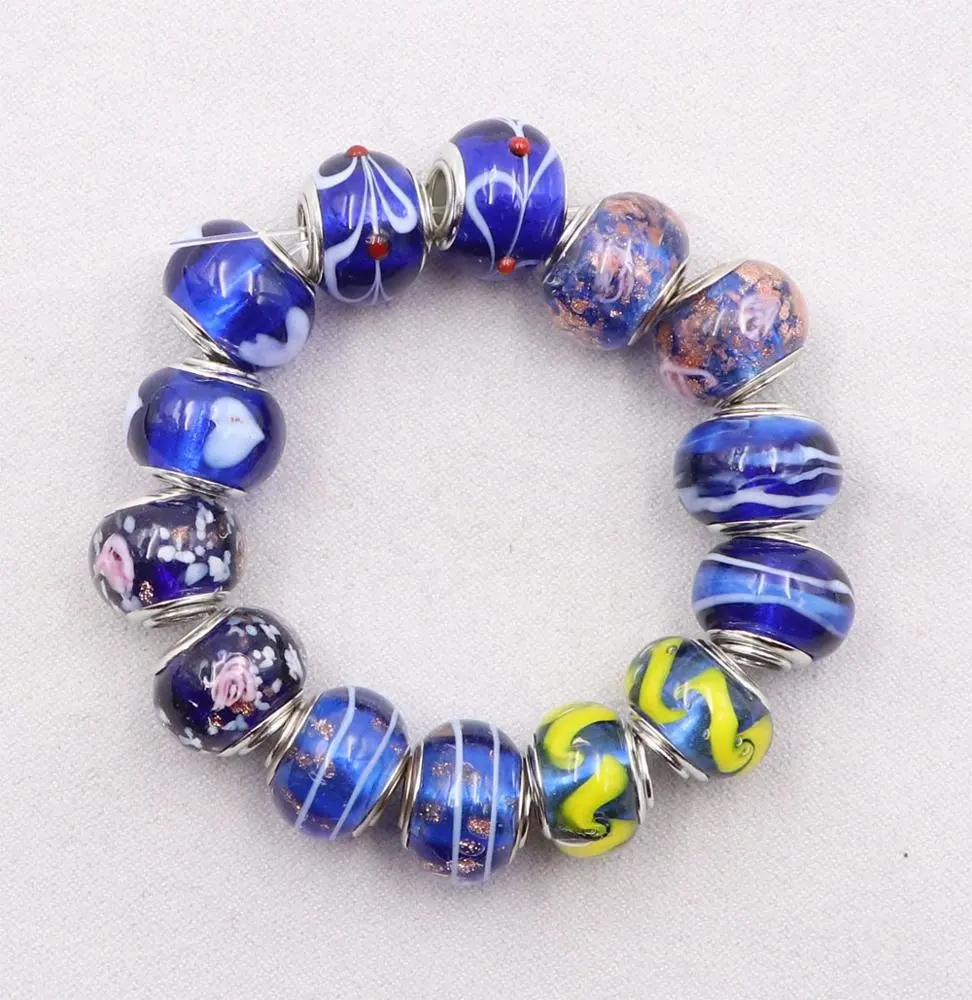 Groothandel Mix In Bulk Blauw Serie Verzilverd Core Groot Gat Kralen Murano Glas Groot Gat Kralen Europese Armband Charms