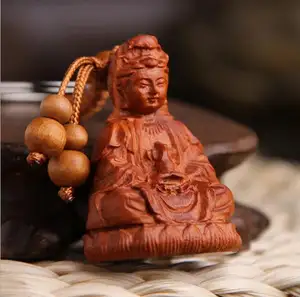 New hot sale natural wood kuan-yin pendant keychain for unisex best gift personality Buddha lotus key ring car bag key chains