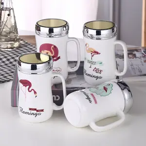 2018 flamingo杯子镜面陶瓷咖啡杯不锈钢盖子现货