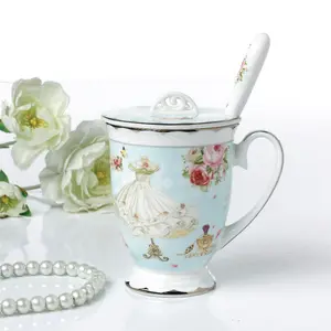 陶瓷咖啡杯带勺子和盖子的新型骨瓷马克杯精美礼品
