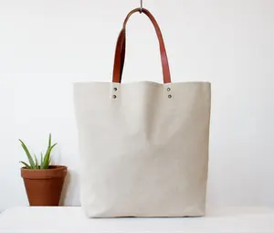 Sac fourre-tout en tissu de coton blanc naturel, avec sangle en cuir, livraison gratuite