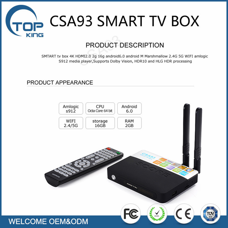 Android 6.0 OS Set TOP Box/receptor de TV con CPU S912/H.264-H.265/BT 4.0/Octa core/Wifi AP6330/3G + 32G/CSA93