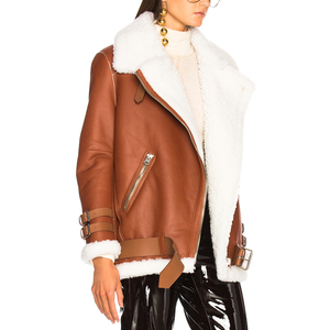OEM Women <strong>Long</strong> Sleeve Buckle Strap Fur Collar <strong>Leather</strong> <strong>Jacket</strong> - Product Image 3