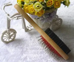 Big Size Double Sided Dog Pet Animal Wood Brush Comb With Soft PP Bristles and Gentle Metal Needles On Rubber Pad