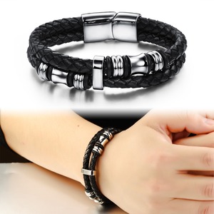 Punk estilo hombres joyería de cuero <span class=keywords><strong>del</strong></span> grano <span class=keywords><strong>del</strong></span> acero inoxidable accesorios Cierre magnético trenzado pulsera de cuero Doble - Product Image 6