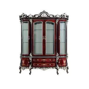 Luxury Classical French Style Design 4 Doors Living Room Wood and Glass Display Wine Cabinet