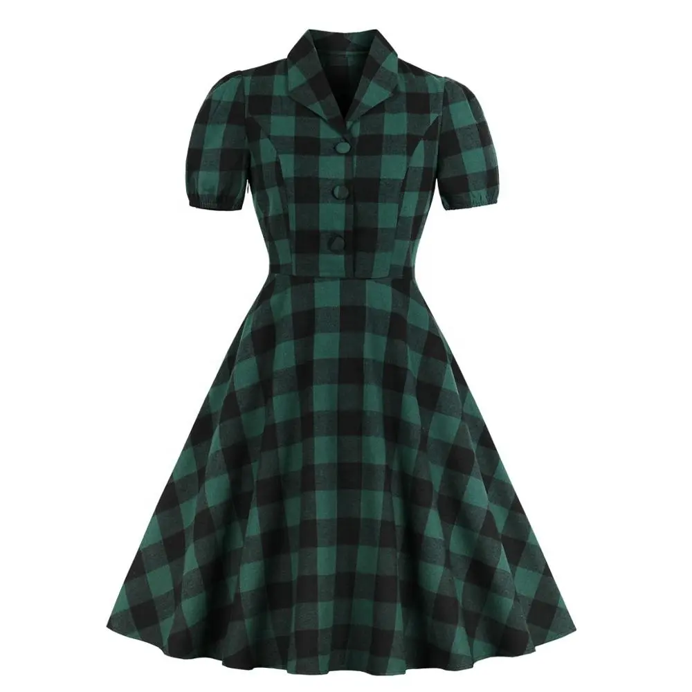 MXN-1779 Wholesale Hot Sales 2019 Summer Premium Short Sleeve Cotton Plaid Green Shirt Dress