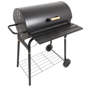 Black Steel Barrel BBQ Grill Trolley Outdoor Courtyard Barbeque Grill