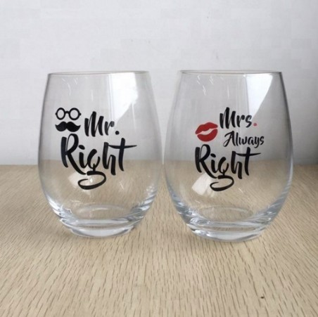 16oz Crystal Stemless Wine Glass Set for Wedding Couple Wine Glass Tumbler Mr right and Mrs always right